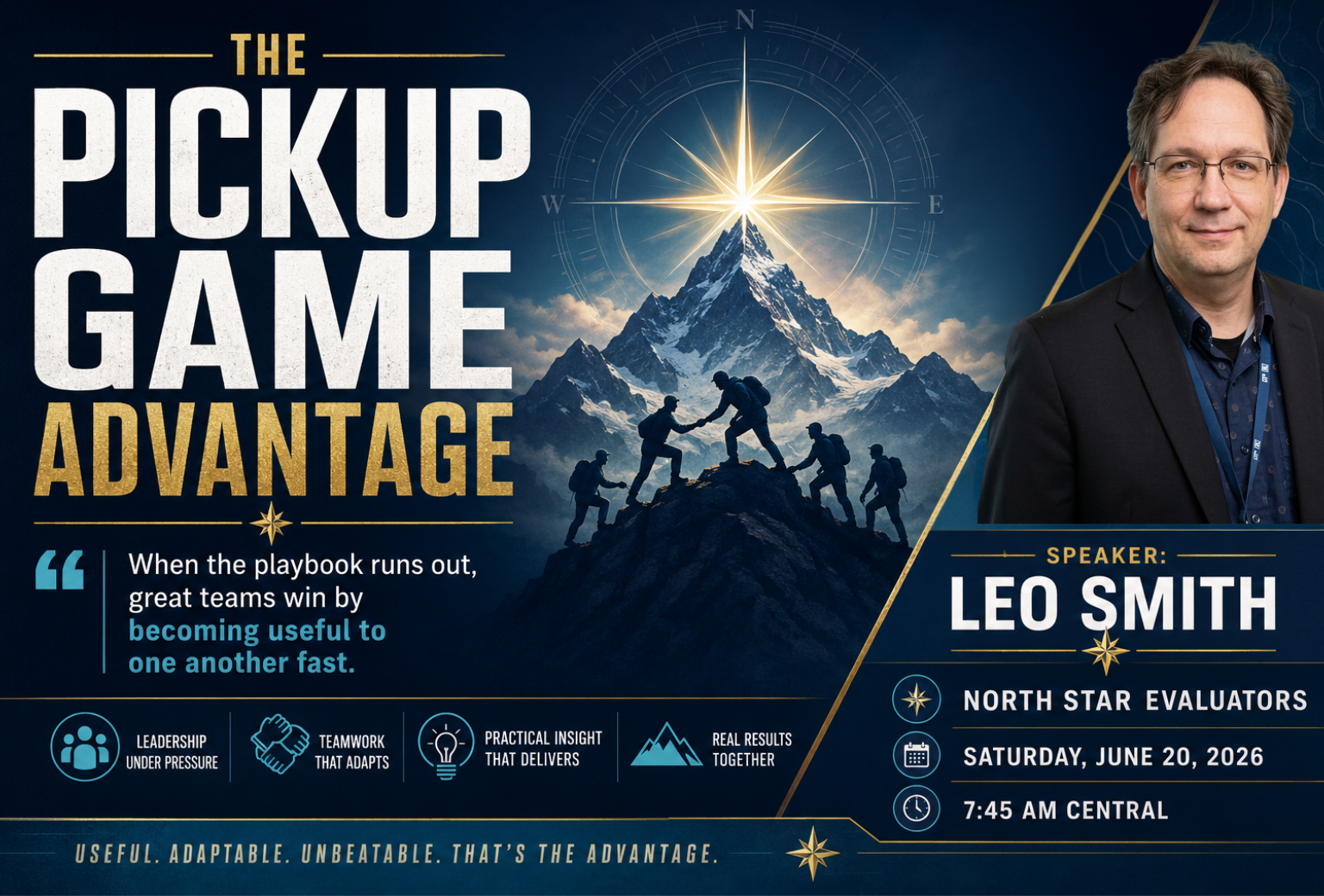 Promotional graphic for The Pickup Game Advantage speech